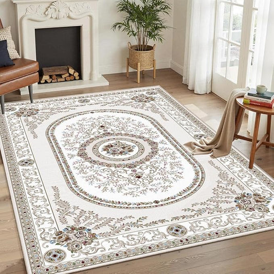 4x6 Area Rug, Vintage Distressed Light Beige Rugs, Soft Durable Thin Foldable Carpet for Under Coffee Table Floral Area Rug for Living Room, Non-Slip Cashmere Boho Rug for Bedroom