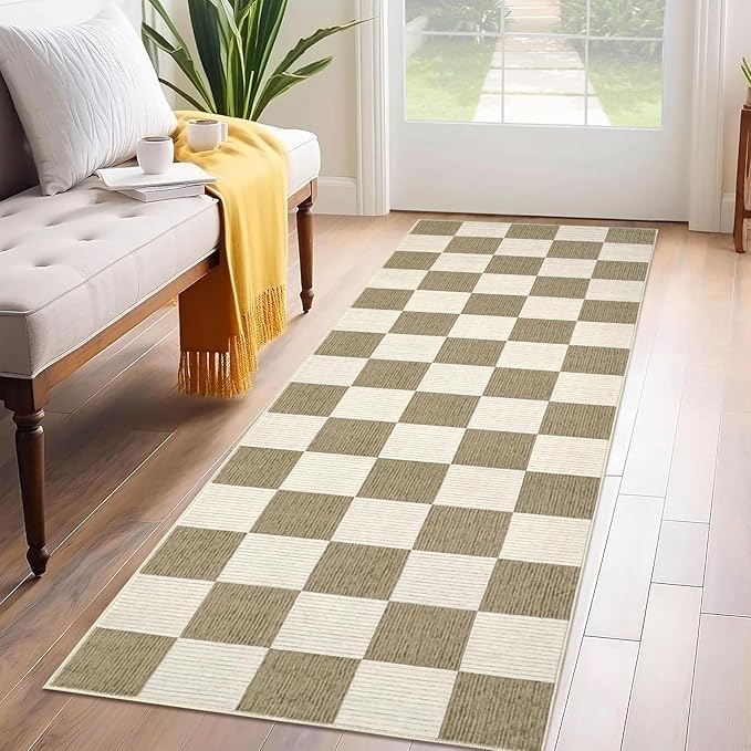 GarveeHome 2x6 Kitchen Runner Rug Non Slip Washable Area Rug for Front Door, Entryway, Hallway, Distressed Checkered Mat Low Pile Neutral Area Rug Stain Resistant Farmhouse Rugs Beige and Brown Rug