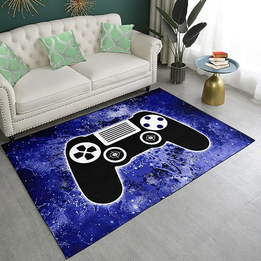 Blue Gaming Area Rugs Game Gamepad Carpets for Gamer Boys Teens 3D Printed Large Floor Mats for Bedroom Dining Room Living Room Decor Playroom
