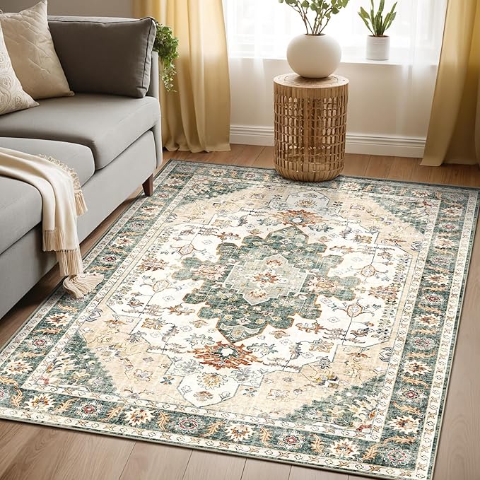 Area Rugs 5x7, Washable Rugs for Living Room, Non-Slip Rug, Boho Medallion Rug, Distressed Carpet, Low Pile Boho Rugs for Bedroom Dining Room