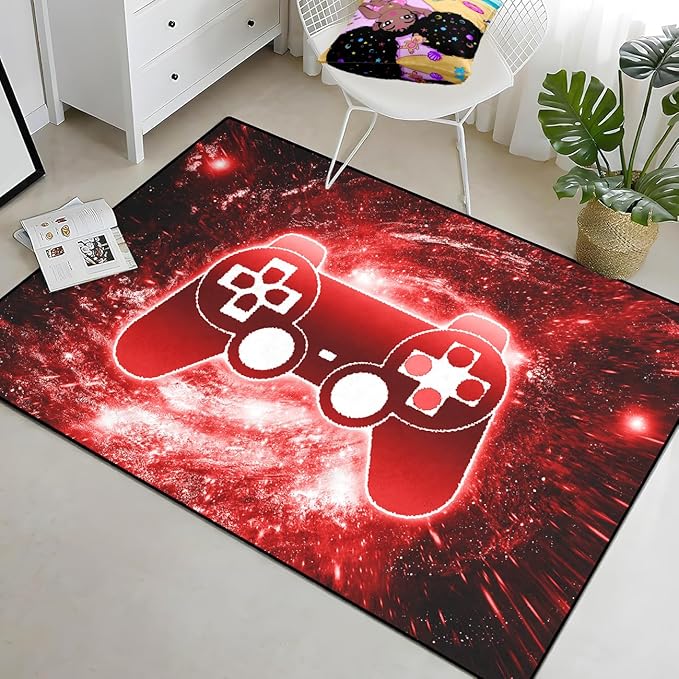 BATATADOCE Video Game Rug, 3D Printed Gamepad Controller Area Rugs for Bedroom Boys Living Room Red Large Cool Gamer Rugs Gaming Art Design Home Decor Crystal Doormat Yoga Mats, 47"x39"