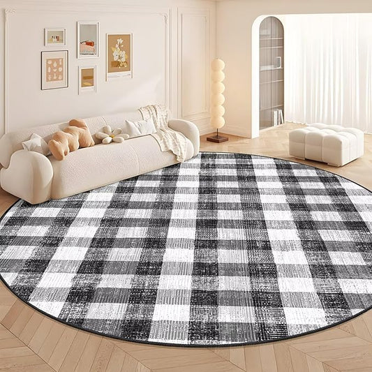 COLORPAPA Checkered Area Rug 9 Ft, Washable Round Rugs for Living Room, Modern Neutral Non Slip Indoor Carpet for Bedroom Office Patio Dining Room (Black and White)