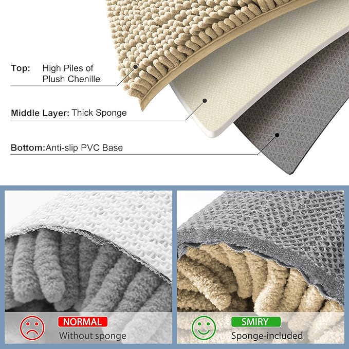 Smiry Luxury Chenille Bathroom Rugs 24x16, Extra Soft and Absorbent Shaggy Bath Mat, Machine Washable, Non-Slip Plush Carpet Runner for Tub, Shower, and Floor, Home Decor Accessories, Beige