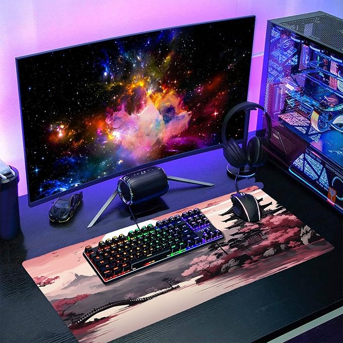 Pink Japanese Sakura Gaming Mouse Pad Large XL Cherry Blossom Tower Mountain Landscape Extended Desk Mat Big Mousepad Non-Slip Rubber Base Stitched Edge Long Desk Pad for Computer,24x14 in,60x35cm