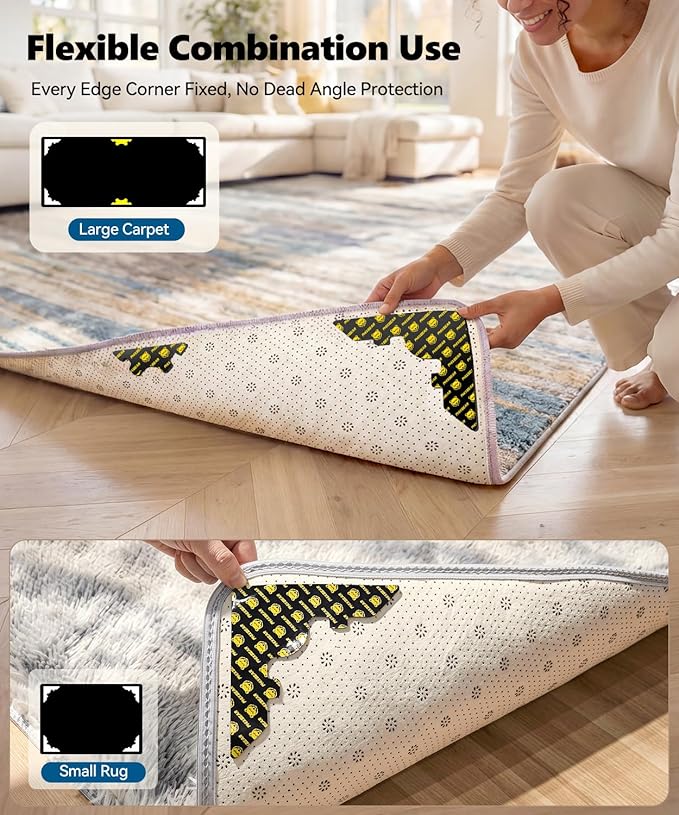Extra Wide Rug Tape, Strong Hold Anti-Slip Rug Pads Grippers, Dual-Layer Design Rug Tape, Holds Carpet in Place on Hardwood Floors and Tiles, Washable & Reusable & No Residue, Black 12 Pcs