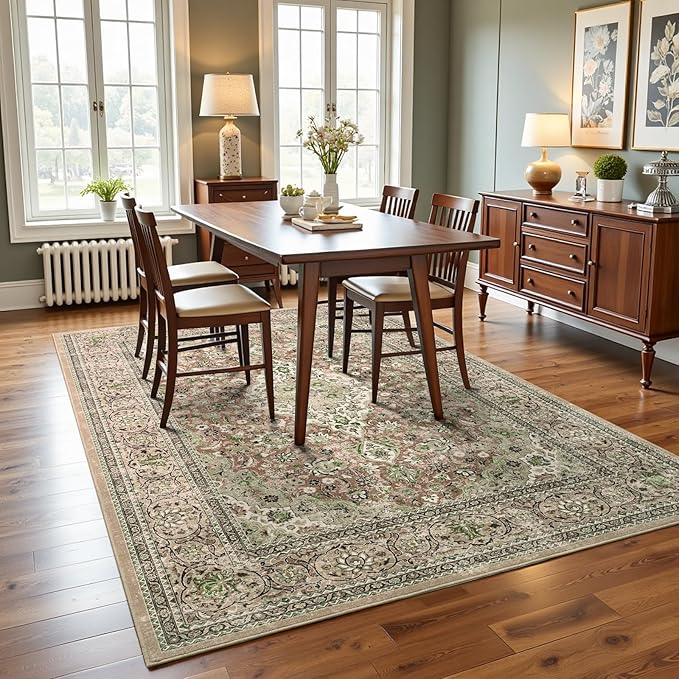 4x6 Green Washable Boho Area Rug for Bedroom, Vintage Floral Non Slip Living Room Rugs, Soft Low Pile Indoor Mat, Aesthetic Pattern Carpet for Kitchen, Dining Room and Bedside