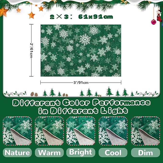 2x3 Christmas Doormat for Entryway, Washable Christmas Rugs Bathroom，Snowflake Front Porch Runner Rug，Non-Slip Green Christmas Rug Indoor(2'x3', Green/White)