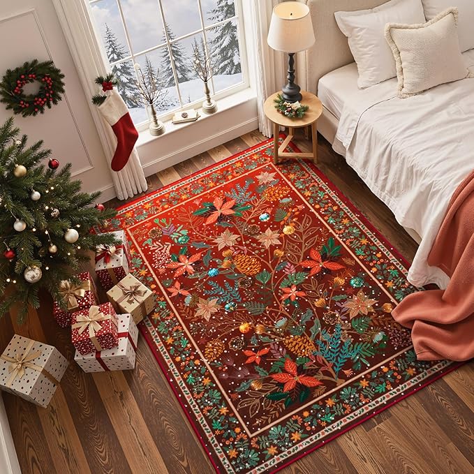 Anidaroel Christmas Area Rug 5x7, Botanical Floral Washable Xmas Rugs for Living Room Holiday Decor, Non-Slip Soft Modern Bedroom Rug, Low Pile Indoor Throw Carpet for Nursery, Home Office, Red