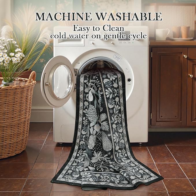 Anidaroel Washable Rugs for Living Room 5x7, Black Botanical Print Large Area Rug, Modern Soft Rugs for Bedroom Aesthetic, Non Slip Stain Resistant Dining Room Mat Indoor Carpet for Nursery Dorm