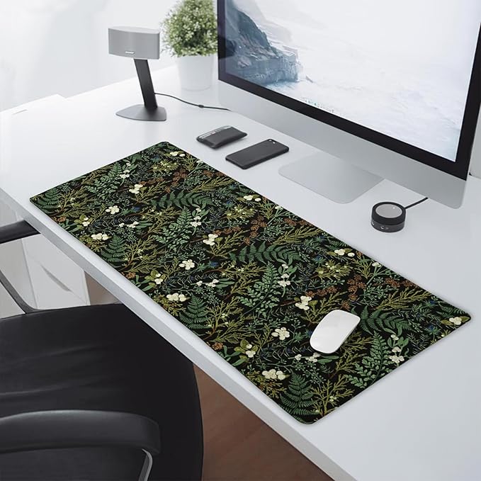 Black Aesthetic Vintage Botanical Gaming Mouse Pad Extended Cute Forest Green Plant Nature Floral Large Big Mousepad Non-Slip Stitched Edge Long Mat for Desk Office Computer,40x20 Inch,100x50 CM
