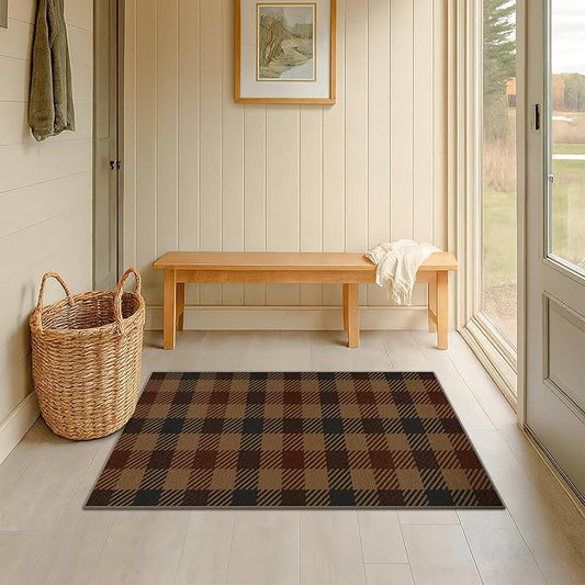 JTJ Vintage Large Door Mat Indoor Entrance - 2x4 Easy Jute Fall Rugs Outdoor for Patio, Balcony, Kitchen, Mudroom, Washable Earthy Brown and Red Checkered Elegence Décor