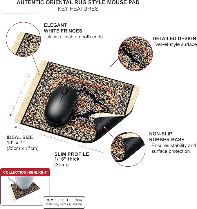 3-Piece Carpet-Style Desk Set – Navy Blue Mouse Pad, Mini Rug Coaster & Bookmark, Colorful Elegant Office Accessories, Novelty Gift