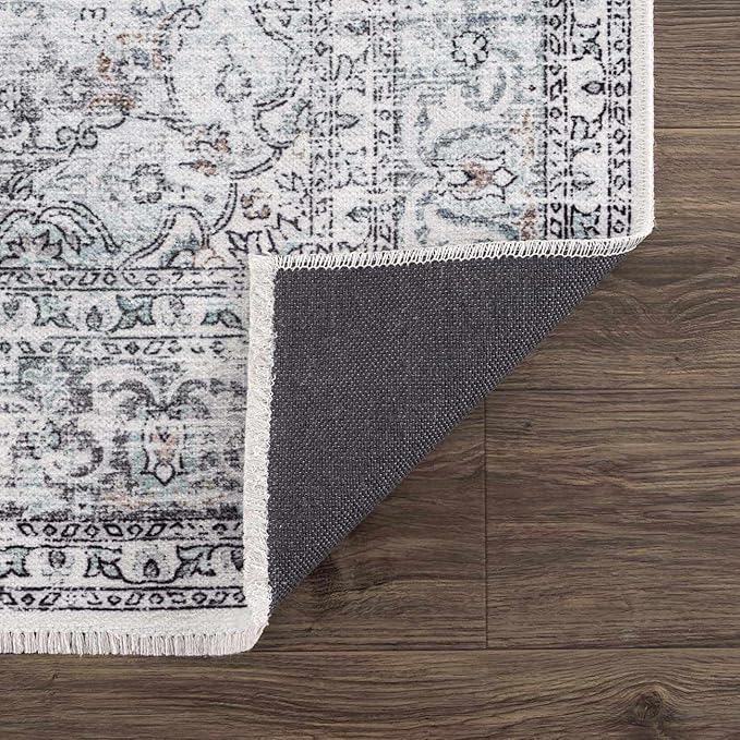 Hauteloom Boyana Bohemian Vintage Medallion Area Rug - Farmhouse Oriental Carpet for Living Room, Bedroom - Machine Washable- Light Blue, Off White, Charcoal - 7'10" x 10'3"