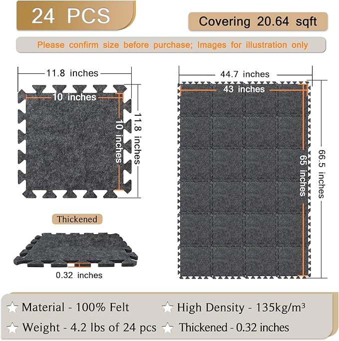 BXI Soundproof Interlocking Rug Pad 24 Pcs, 11x 11 x 0.32 inches Non Slip Rug Pads, High Density Noise Reduction Puzzle Felt Carpet Padding, Rug Mat Protects and Adds Cushion for Hardwood Floor