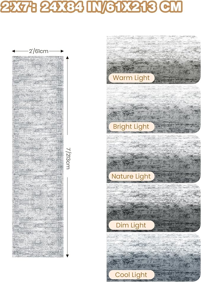 2x7 Runner Rug Non Slip, Thin Entryway Washable Rug for Entryway, Runners for Hallways, Low Pile Vintage Abstract Soft Rugs for Living Room, Kitchen, Bedroom(2'x7', Grey/Ivory')
