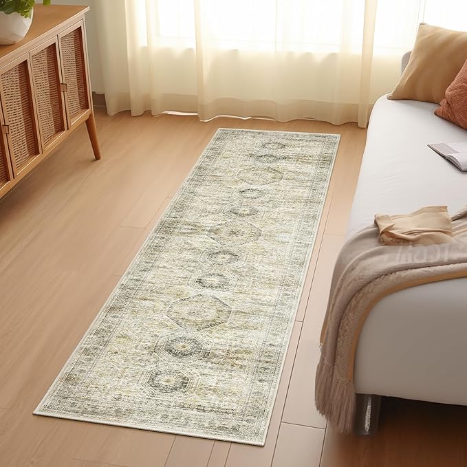 2x5 Rug Runner Washable for Entryway, Soft Bathroom Rugs with Non-Slop Backing, Abstract Low Pile Hallway Runner, Vintage Small Kitchen Carpet for Stair, Laundry Room(2'x5', Grey/Yellow)