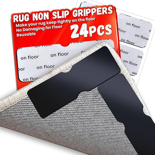 Rug Non Slip Grippers, Reusable Rug Tape Pads for Hardwood Floors, Laminate Floor, Tiles, No Residue on Flooring, Strong Adhesive Carpet Tape for Area Rugs, Keep Corners Flat (24)