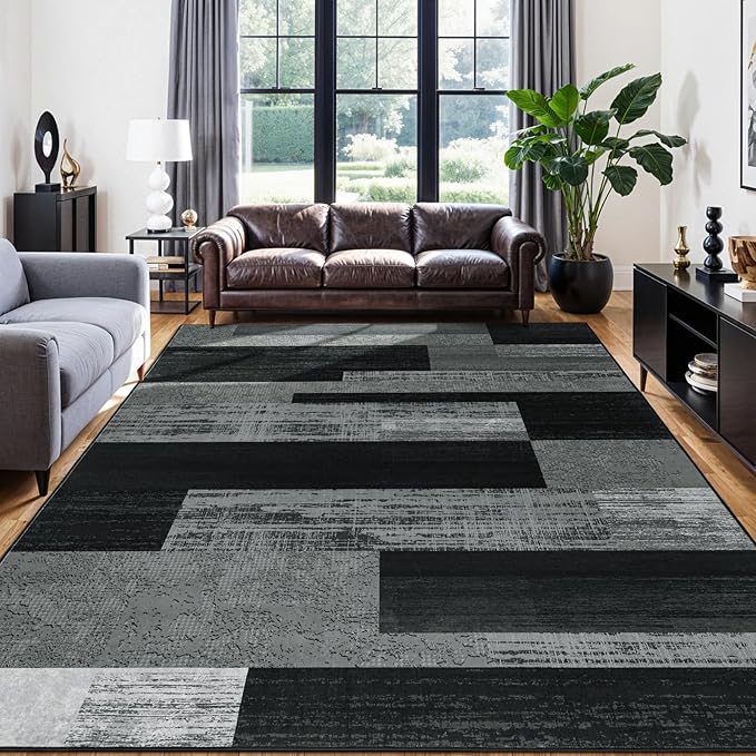 9x12 Washable Area Rugs for Living Room and Bedroom, Vintage Checkered Pattern Non-Slip Carpet, Stain Resistant Low Pile Soft Rug for Dining Room,Office,Nursery,Kids Room(9x12,Gray)