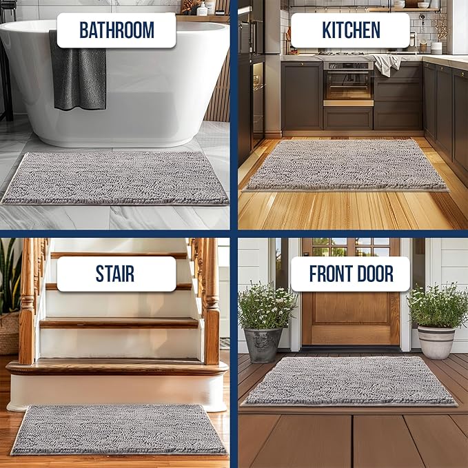 Muddy Mat® | Chenille Bathroom Rugs Quick Dry Microfiber Mats Non Slip Washable, Extra Thick, Soft and Highly Absorbent Bath Mats for Bathroom, Kitchen, and Shower Floor - Grey 24"x59"
