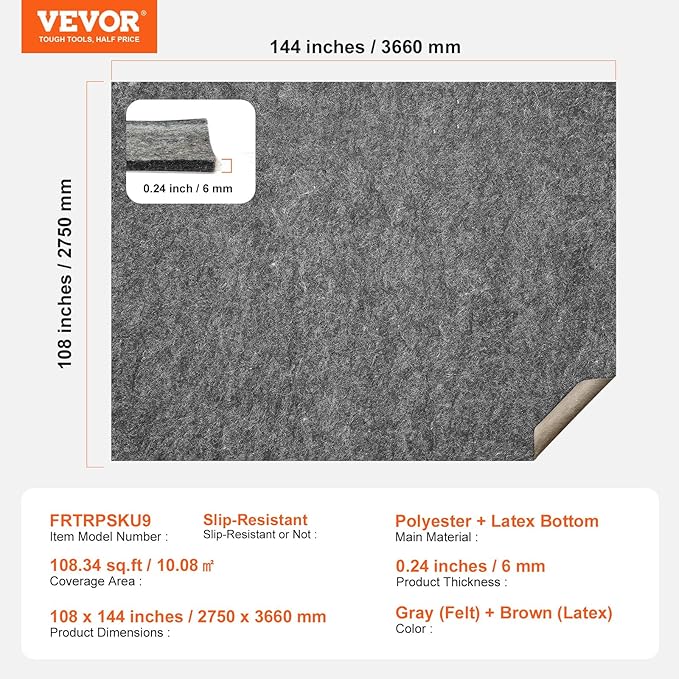 VEVOR Non Slip Rug Pad Gripper, 9' x 12' ft 1/4" Thick Polyester Felt & Latex Backing, Gray 10-11㎡ Area Carpet Padding Rug Cushion for All Floors Runner Hardwood Floors Living Room