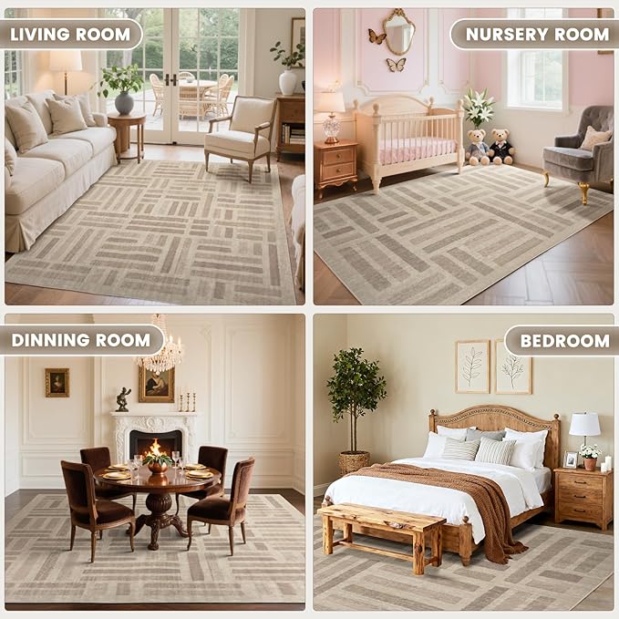 Washable Area Rugs, 8x10ft Soft Rug for Living Room and Bedroom Vintage Striped Rug Stain Resistant with Non Slip Backing Geometric Checkered Foldable Print Mat for Home Decor