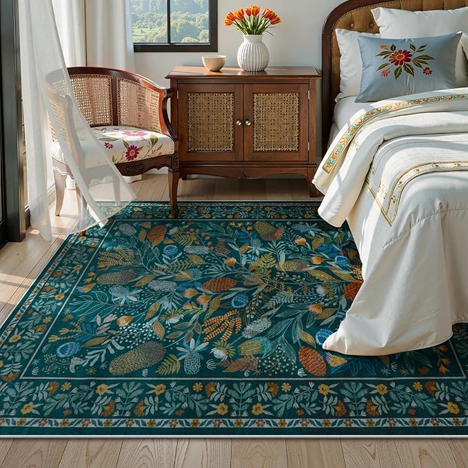 Anidaroel Botanical Print 5x7 Area Rugs for Living Room, Washable Soft Rugs for Bedroom Aesthetic, Non Slip Modern Rug Stain Resistant Dining Room Mat Throw Carpet for Dorm Nursery, Tea