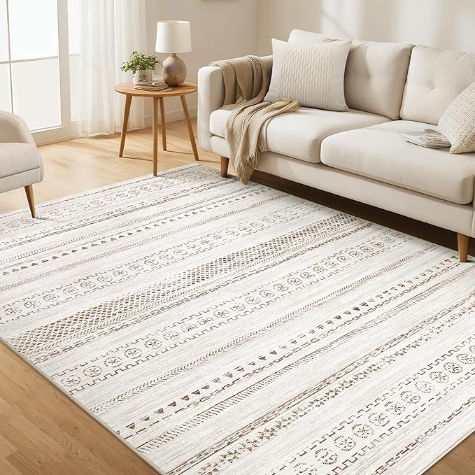 Area Rug Living Room Rugs - 7X9 Washable Boho Farmhouse Bohemian Neutral Large Moroccan Geometric Soft No Slip Indoor Thin Floor Carpet for Bedroom Under Dining Table Home Office - Brown