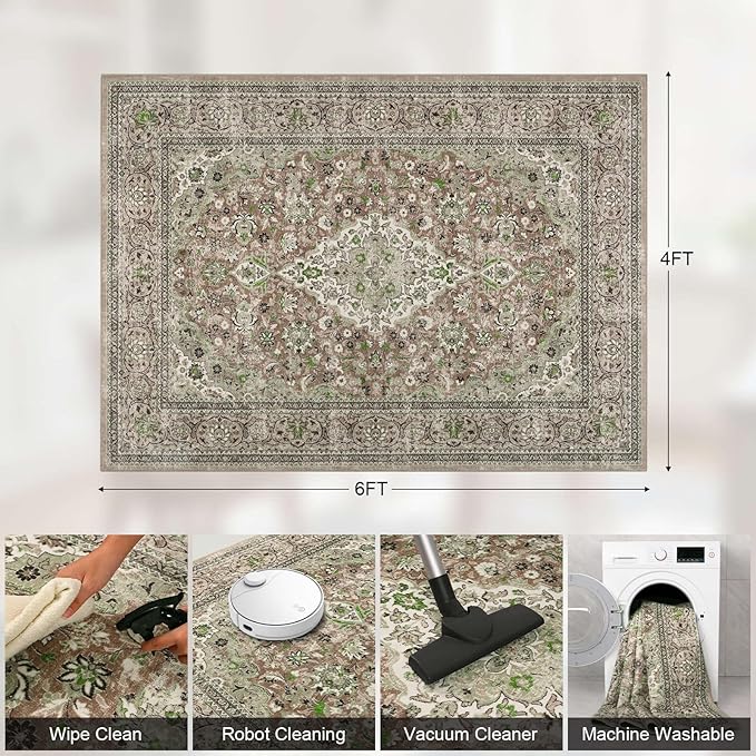 4x6 Green Washable Boho Area Rug for Bedroom, Vintage Floral Non Slip Living Room Rugs, Soft Low Pile Indoor Mat, Aesthetic Pattern Carpet for Kitchen, Dining Room and Bedside