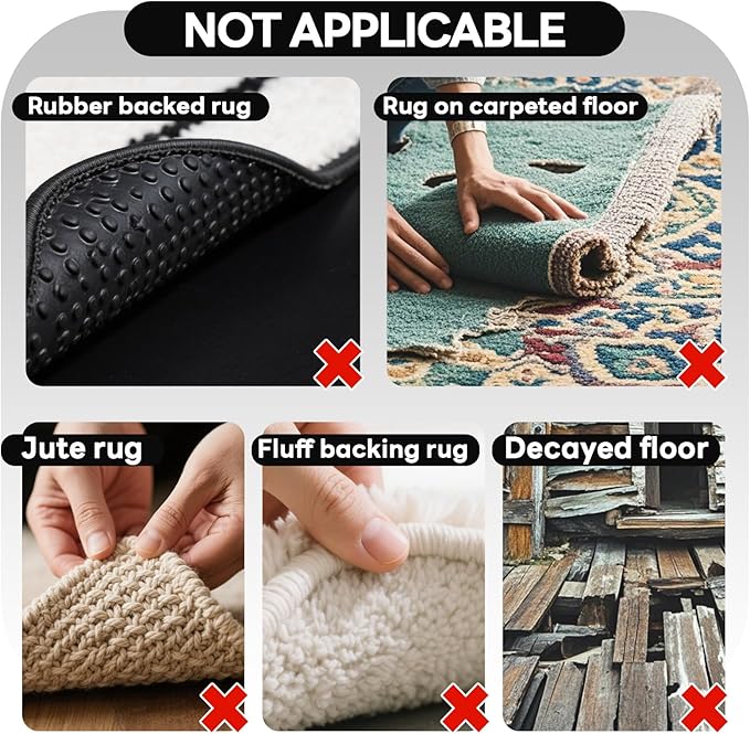 Rug Non Slip Grippers, Reusable Rug Tape Pads for Hardwood Floors, Tiles, No Residue Stickers for Wood Floor, Double Adhesive Carpet Tape for Area Rugs Corners Flat (8)