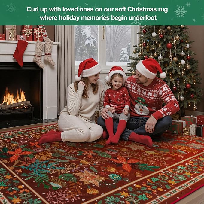 Anidaroel Christmas Area Rug 5x7, Botanical Floral Washable Xmas Rugs for Living Room Holiday Decor, Non-Slip Soft Modern Bedroom Rug, Low Pile Indoor Throw Carpet for Nursery, Home Office, Red