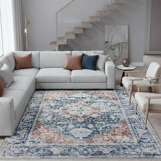 6x9 Area Rugs for Living Room, Washable Runner Rugs for Bedroom, Entryway Hallways Clearance Kitchen Indoor Boho Carpet, Beige Office Rug (Dusty Blue, 6' x 9' (Rectangular))