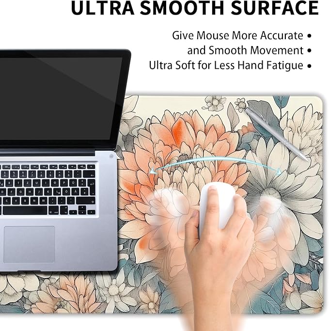 Japanese Aesthetic Floral Gaming Mouse Pad XXL Vintage Orange White Flowers Extended Large Mat Mousepad Desk Pad Non-Slip Rubber Base Stitched Edge Keyboard Pad Playmat for Computer,35.4×15.7 Inch
