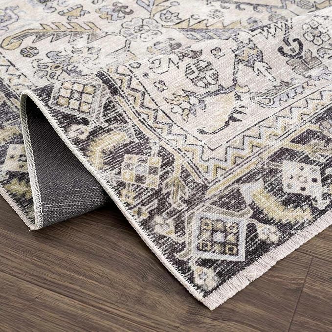 Hauteloom Ariane Bohemian Vintage Medallion Area Rug - Farmhouse Oriental Carpet for Living Room, Bedroom - Machine Washable- Gold, Arctic Blue, Black - 7'10" x 10'3"
