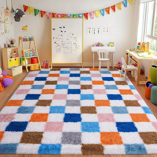 Checkered Rug 4x6 for Bedroom, Fluffy Plush Area Rug Non Slip, Modern Indoor Shag Rugs for Living Room Girls Kids Room Nursery Dorm Home Decor, Colorful Rainbow Carpet