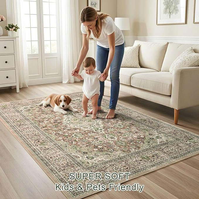 4x6 Green Washable Boho Area Rug for Bedroom, Vintage Floral Non Slip Living Room Rugs, Soft Low Pile Indoor Mat, Aesthetic Pattern Carpet for Kitchen, Dining Room and Bedside