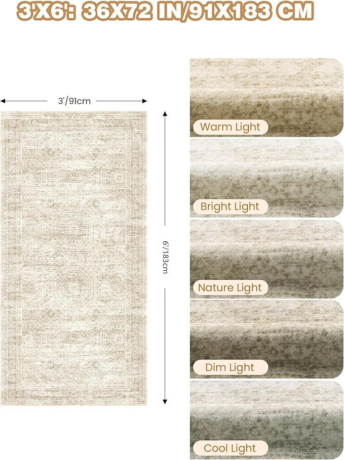 3x6 Runner Rug Non Slip, Thin Entryway Washable Rug for Entryway, Runners for Hallways, Low Pile Vintage Abstract Soft Rugs for Living Room, Kitchen, Bedroom(3'x6', Beige/Ivory')