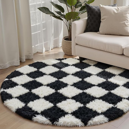 Checkered Round Rugs 5ft for Living Room, Brown and White Modern Shag Rugs Super Soft Washable Fluffy Indoor Office Carpet for Bedroom Home Dorm Aesthetic Decor