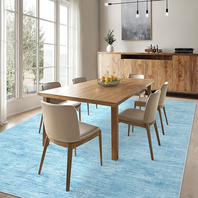 Area Rug 5x7 Machine Washable Area Rug for Living Room Non-Slip Stain Resistant Modern Abstract Bedroom Rug Contemporary Solid Throw Rug Foldable Accent Floor Carpet for Dining Room, Blue