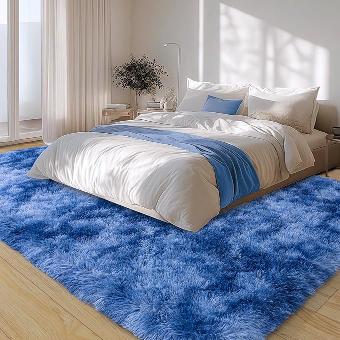 9x12 Large Area Rugs for Living Room, Tie-Dyed Blue Fluffy Shag Rug for Bedroom and Nursery, Soft and Comfy, Big Carpet for Kids, Girls, Boys Room Dorm Home Decor Aesthetic, Upgrade Non Slip