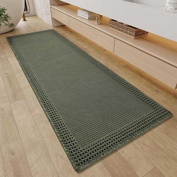 RESARE Waffle Bathroom Runner Rugs, Super Absorbent Bath Mat Non Slip Washable Quick Dry, Upgraded Ultra Soft Boho Bath Rugs with Tassels for Hallway Bedroom Laundry Room, 2'x5'(24"x60"), Green