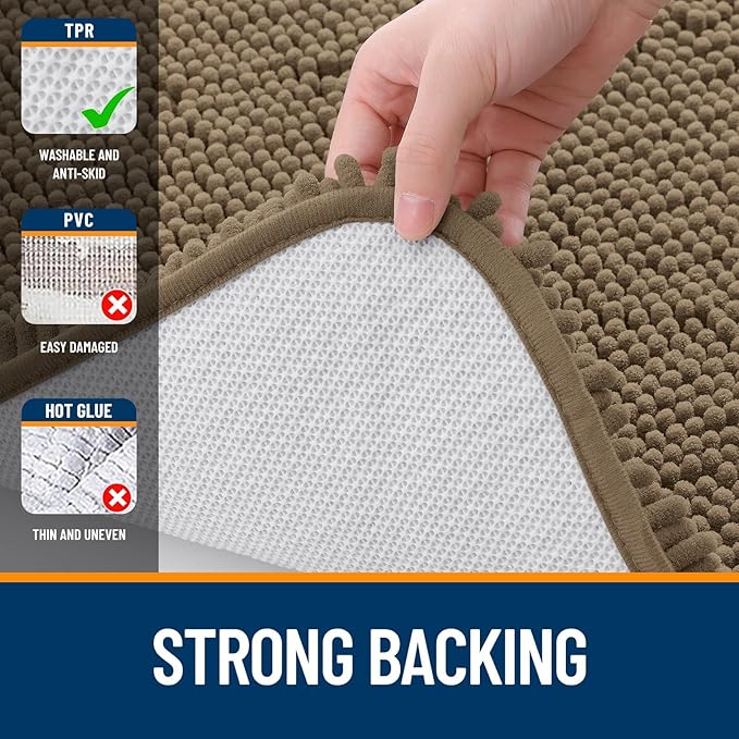 OLANLY Bathroom Rugs Sets 2 Piece, Soft Absorbent Chenille Bath Mats and U-Shaped Contour Toilet Mat Area Rug Set, Machine Washable Bath Carpet, Home Decor Accessories(24"x16"+24"x20", Tan)