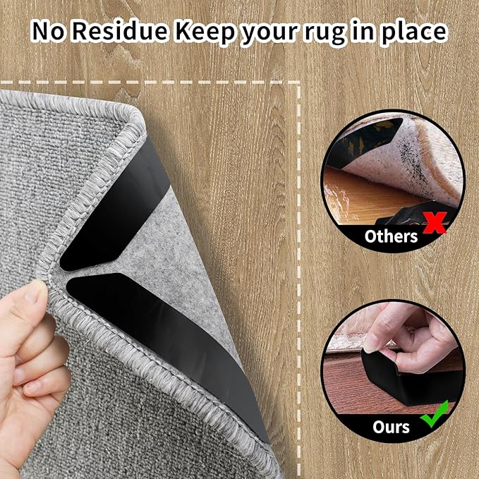 16 Pcs Non Slip Rug Pads Grippers，Keep Area Rugs Corners from Curling and Bunching, Reusable Rug Tape for Hardwood Floors and Tiles, Dual Sided Adhesive Washable Rug Holder Keep Corner Flat