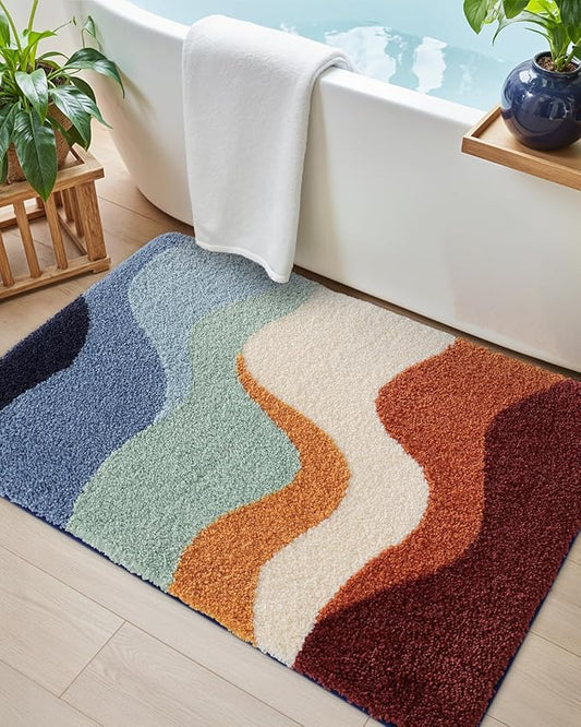DEXI Bathroom Rug Washable, 24x43 Non Slip Bath Large Mat Absorbent, Soft Plush Microfiber Bathmat Quick Dry for Shower Floor, Colorful