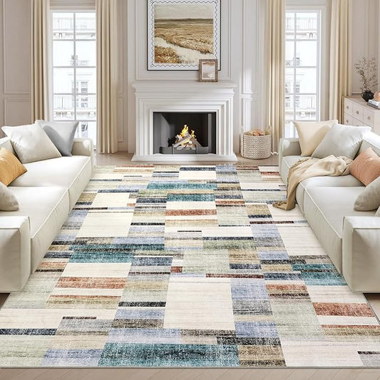 Washable Rug 10x13 Area Rug for Bedroom Farmhouse Geometric Living Room Rug Non Slip Large Area Rug Low Pile Throw Rugs Stain Resistant Carpet for Dining Room Multi 10'x13'