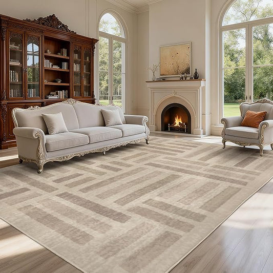 Washable Area Rugs, 8x10ft Soft Rug for Living Room and Bedroom Vintage Striped Rug Stain Resistant with Non Slip Backing Geometric Checkered Foldable Print Mat for Home Decor