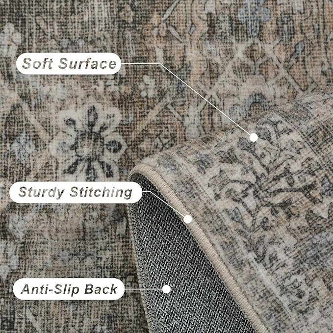 2x8 Runner Rug Grey Brown Vintage Washable Runner Rugs for Hallway Kitchen Low Pile Non-Slip Retro Distressed Accent Throw Carpet for Entryway Bathroom Bedroom Antique/Moss