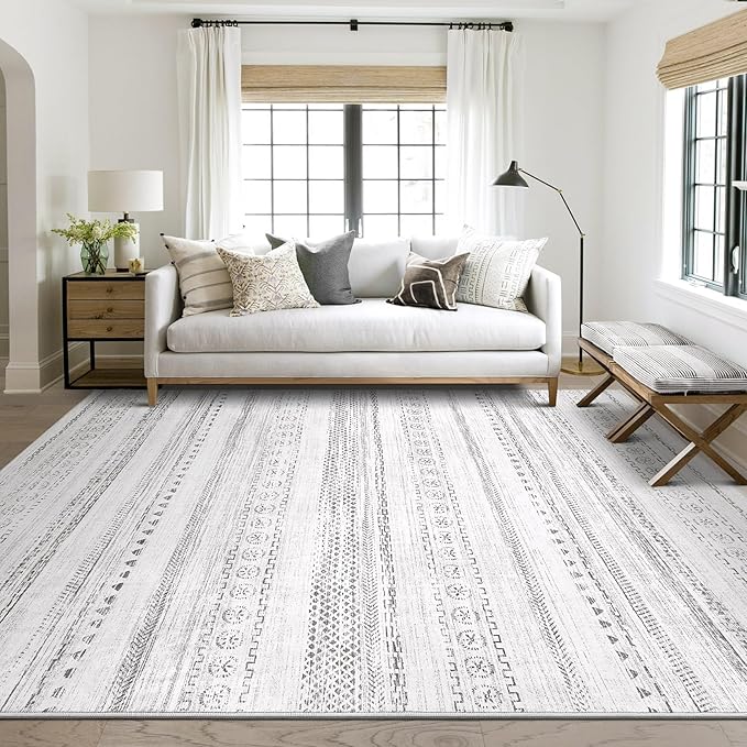 Area Rug Living Room Rugs - 8x10 Washable Boho Farmhouse Bohemian Neutral Large Moroccan Geometric Soft No Slip Indoor Thin Floor Carpet for Bedroom Under Dining Table Home Office - Grey