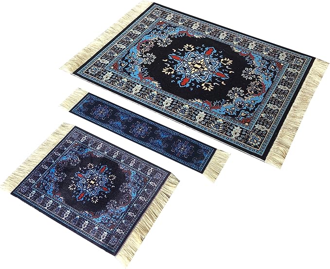 3-Piece Carpet-Style Desk Set – Navy Mouse Pad, Mini Rug Coaster & Bookmark, Colorful Elegant Office Accessories, Novelty Gift