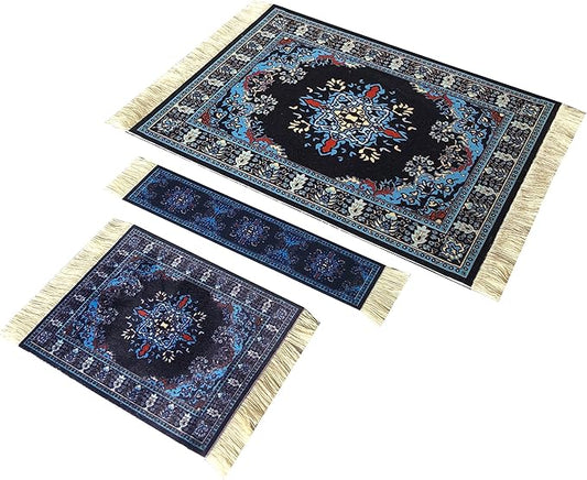 3-Piece Carpet-Style Desk Set – Navy Mouse Pad, Mini Rug Coaster & Bookmark, Colorful Elegant Office Accessories, Novelty Gift