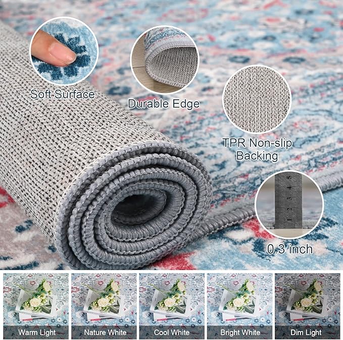 5x7 Blue Washable Boho Area Rug for Bedroom, Vintage Floral Non Slip Living Room Rugs, Soft Low Pile Indoor Mat, Aesthetic Pattern Carpet for Kitchen and Dining Room